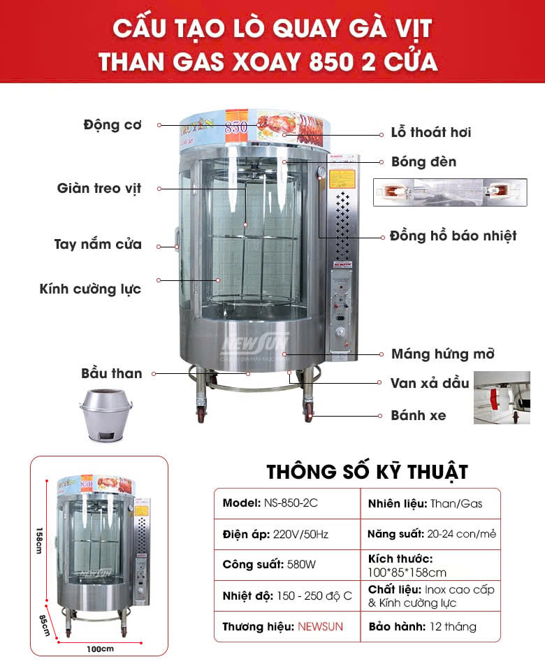 Cấu tạo lò quay vịt 850 2 cánh dạng xoay