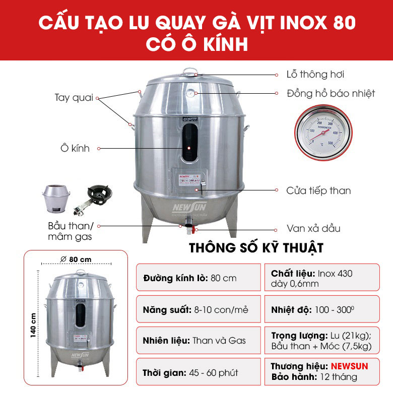 Cấu tạo lu quay gà vịt inox phi 80 có ô kính