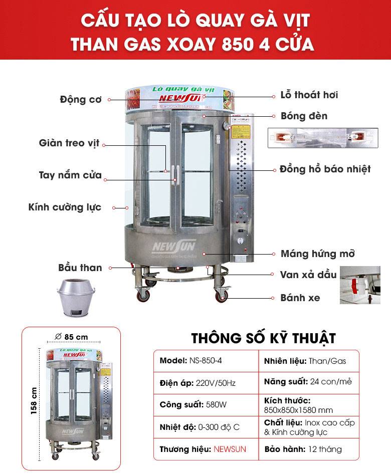 Cấu tạo lò quay gà vịt heo 850 (4 cánh cửa)