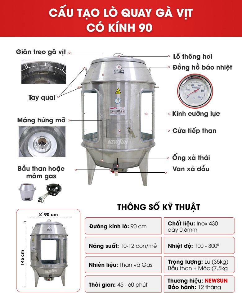 Cấu tạo lò quay gà vịt có kính 90
