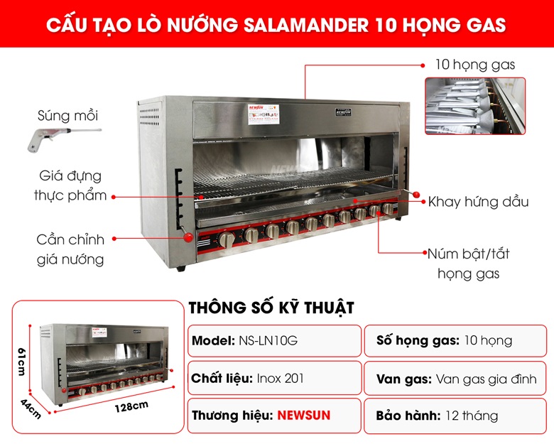 Cấu tạo lò nướng Salamander 10 họng gas Việt Nam