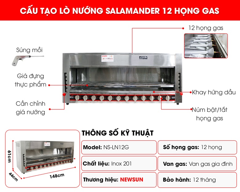 Cấu tạo lò nướng Salamander 12 họng gas Việt Nam