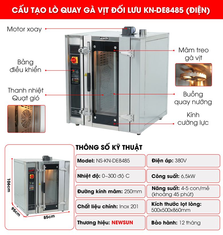 Cấu tạo Lò quay gà vịt công nghiệp đối lưu KN-DE8485