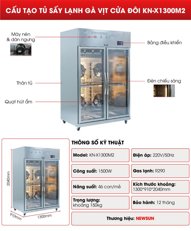Cấu tạo tủ sấy lạnh gà vịt  2 cánh KN-X1300M2