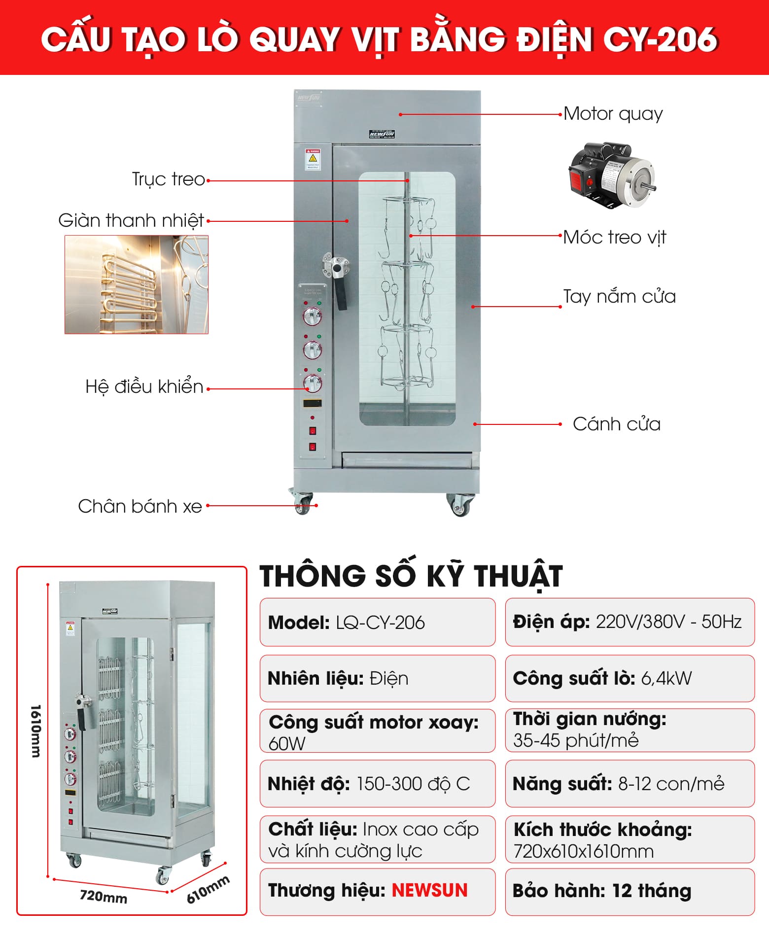 Cấu tạo chi tiết của lò quay gà vịt dùng điện CY-206