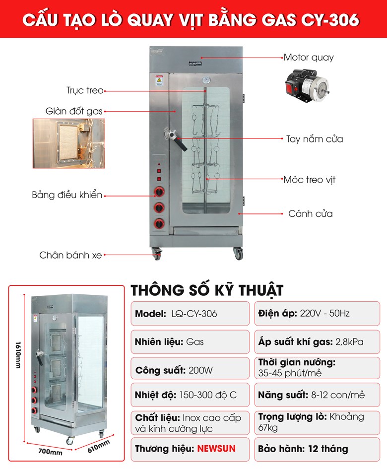 Cấu tạo lò quay gà vịt bằng gas CY-206