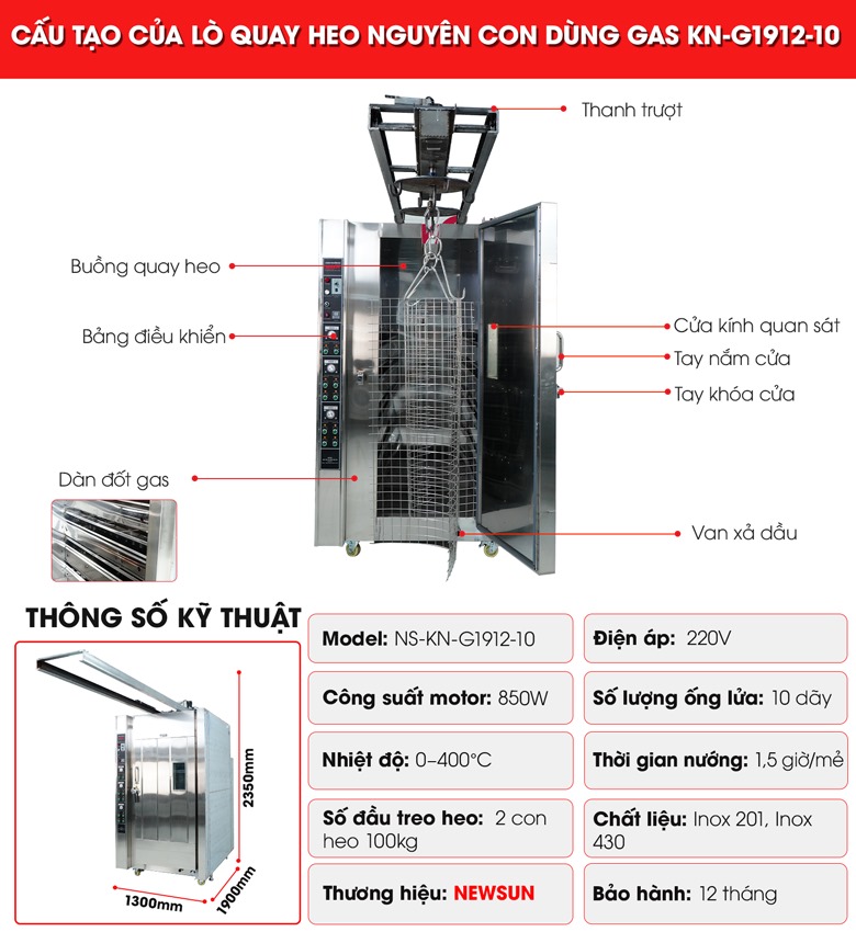 Cấu tạo lò quay heo nguyên con KN-G1912-10 dùng gas