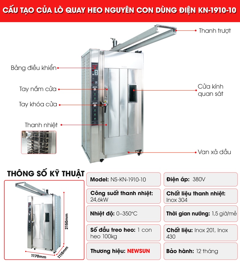 Cấu tạo lò quay heo nguyên con KN-1910-10 dùng điện