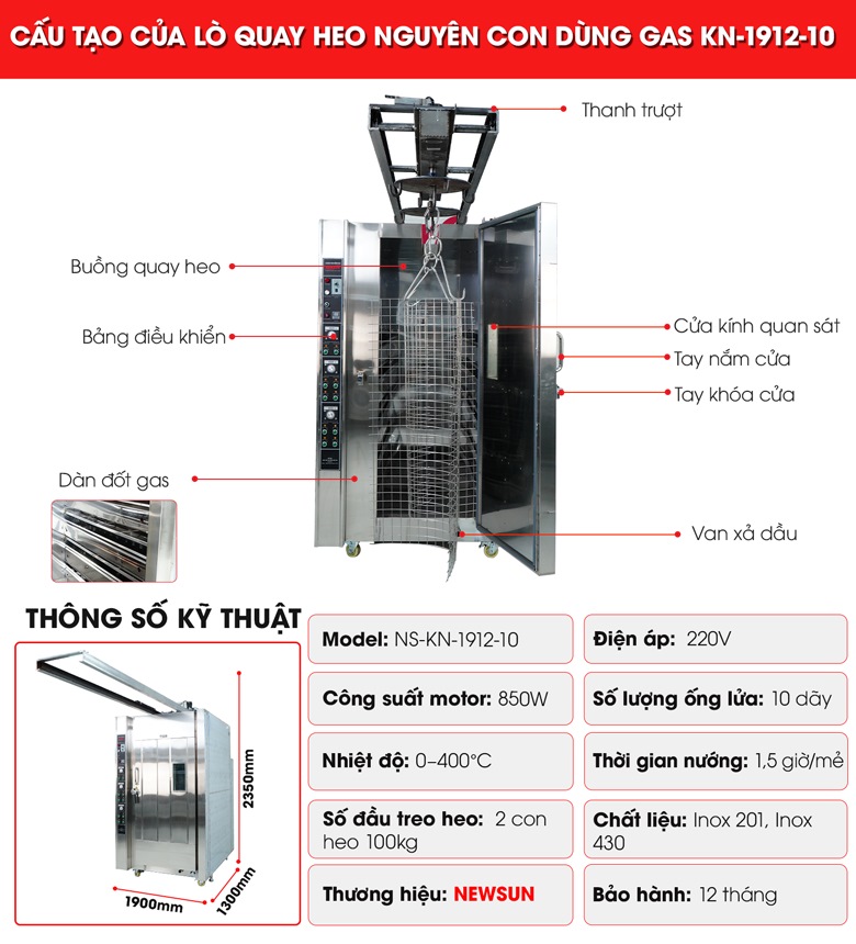 Cấu tạo lò quay heo nguyên con KN-1912-10 dùng gas