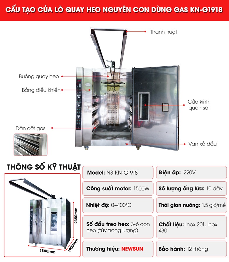 Cấu tạo lò quay heo nguyên con KN-G1918 dùng gas 